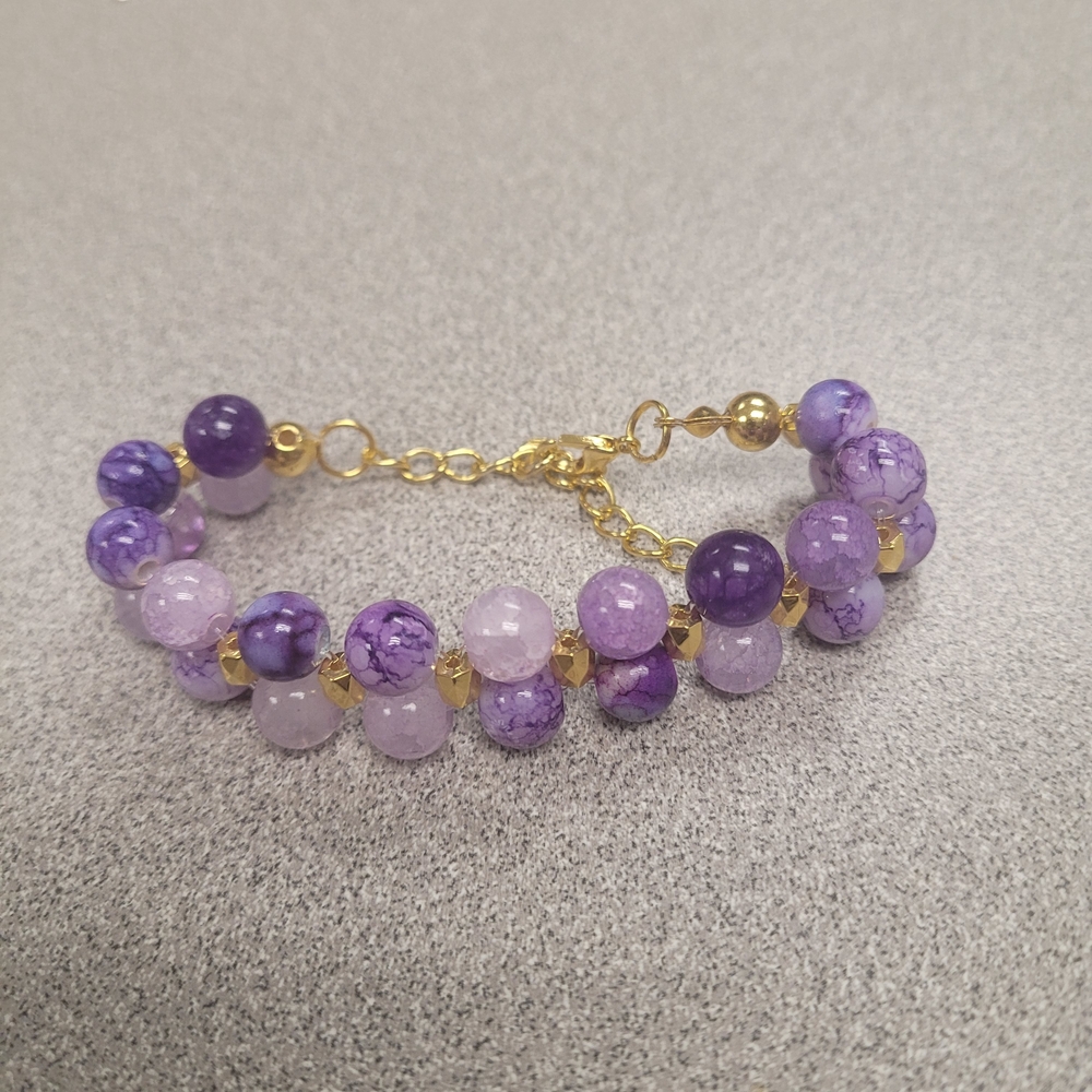 Handcrafted 8.5 Lilac Lavender Deep Purple Gold Tone Beaded Adjustable Bracelet